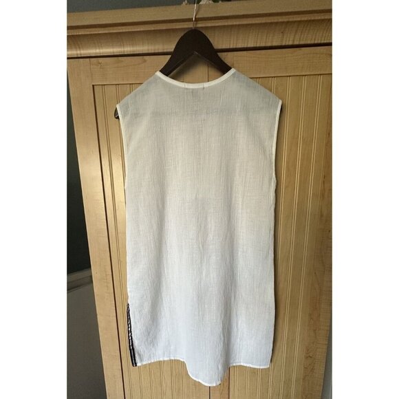 J Crew White Cotton Swim Cover Up Sz XXS V Neck Gauzy Navy Blue Trim Tie Tassels - Picture 6 of 8